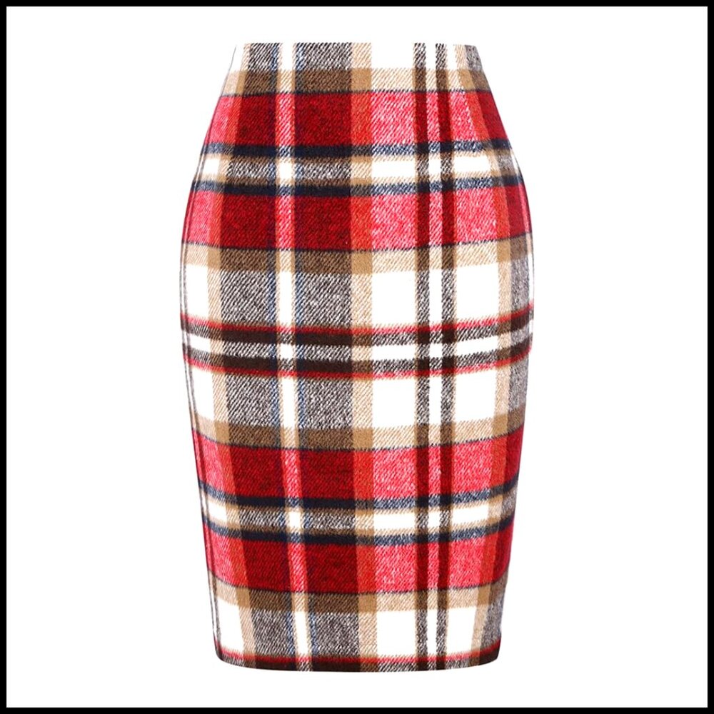 Wool Plaid Pencil Skirt High Waisted Bodycon Knee Length Midi Back Slit
